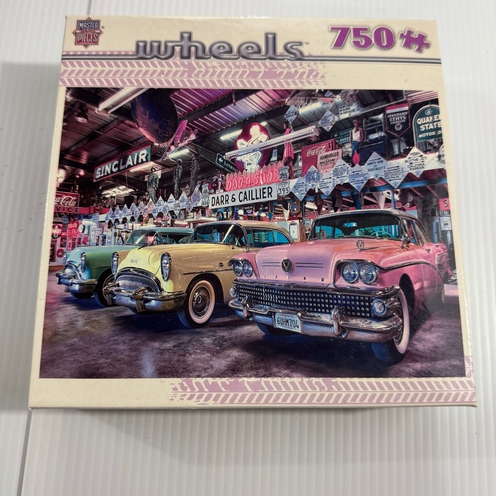 17. Master Pieces Wheels 750-Piece Puzzle - Pink and Yellow Classic Cars